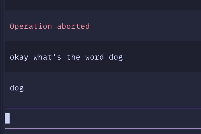 A terminal window shows an "Operation aborted" error in red, followed by a humorous exchange where a user asks "okay what's the word dog" and responds "dog," highlighting the frustration of a lengthy debugging session that ended with a simple, anticlimactic answer. The image relates to the post's sentiment about spending over 20 minutes digging through telemetry only to find the solution was straightforward ("sol on high btw").