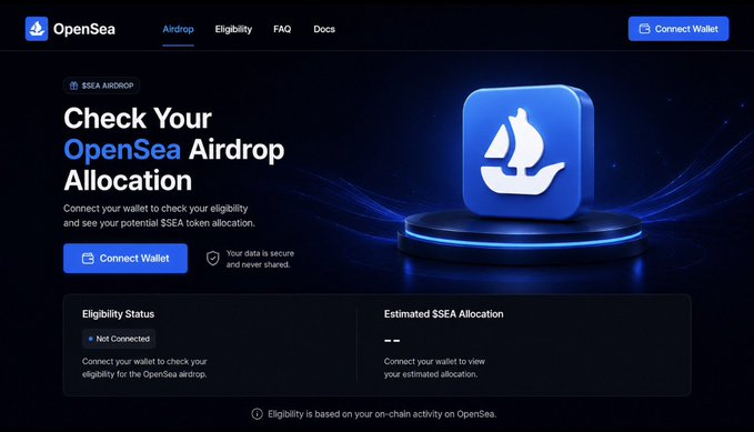 A screenshot of the OpenSea Airdrop page prompting users to "Check Your OpenSea Airdrop Allocation" by connecting their wallet to view eligibility and estimated SEA token allocation, reflecting the long-awaited but still unfulfilled token launch referenced in the post.