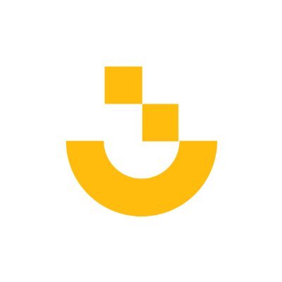 A minimalist logo featuring an orange/gold semi-circular smile shape with two small square elements above it resembling eyes, set against a white background.