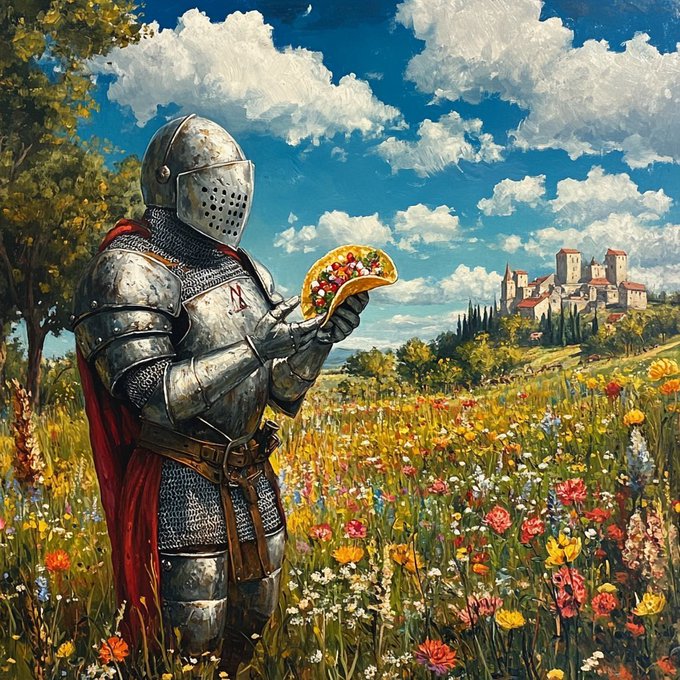 A knight in shining armor stands in a vibrant wildflower meadow, gazing down at a colorful taco, with a fairytale castle on a distant hill under a partly cloudy sky—blending medieval fantasy with the playful "Happy Taco Tuesday" spirit.