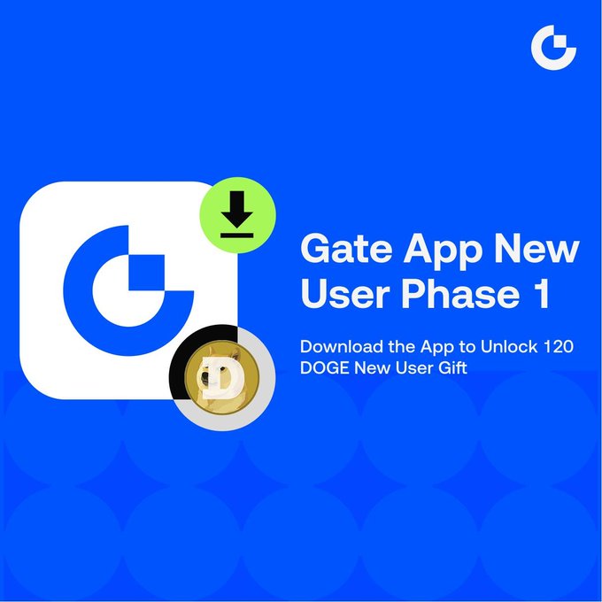A promotional graphic for 'Gate App New User Phase 1' with text reading 'Download the App to Unlock 120 DOGE New User Gift' next to a Dogecoin logo.