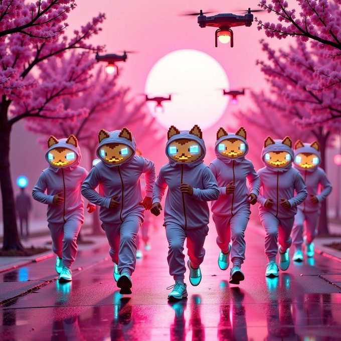 A vibrant digital artwork depicting a group of figures in hooded tracksuits with pixelated cat-like LED masks running down a neon-lit street lined with pink cherry blossom trees, with drones flying overhead against a pink and purple sunset.