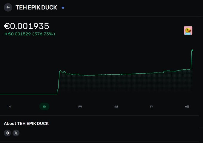 A cryptocurrency chart for 'TEH EPIK DUCK' showing a price of €0.001935 with a 376.73% increase, featuring a sharp upward spike on a green line graph.