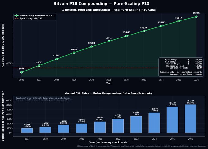 The image is a chart titled "Bitcoin P10 Compounding — Pure-Scaling P10" showing a scenario where 1 Bitcoin, held untouched, grows from a current spot price of $79,731 to a projected P10 value of $832K by 2036, with annual compounding gains accelerating from +$28K (+38%) in 2027 to +$151K (+22%) in 2036.

This visualizes the post's central idea that true Bitcoin wealth is built through compounding floor prices over time, illustrating how holding 1 BTC untouched for a decade multiplies its statistical floor value roughly 10x (from ~$79K to ~$832K) purely through exponential scaling rather than active trading.