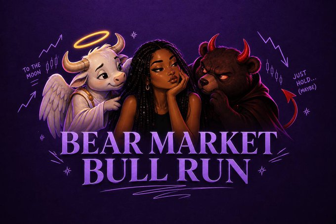 A purple-toned illustration features a woman flanked by a bull with a halo and wings on her right and a red-eyed bear on her left, with the text 'BEAR MARKET BULL RUN' prominently displayed and smaller text reading 'TO THE MOON' and 'JUST HOLD... (MAYBE)'.
