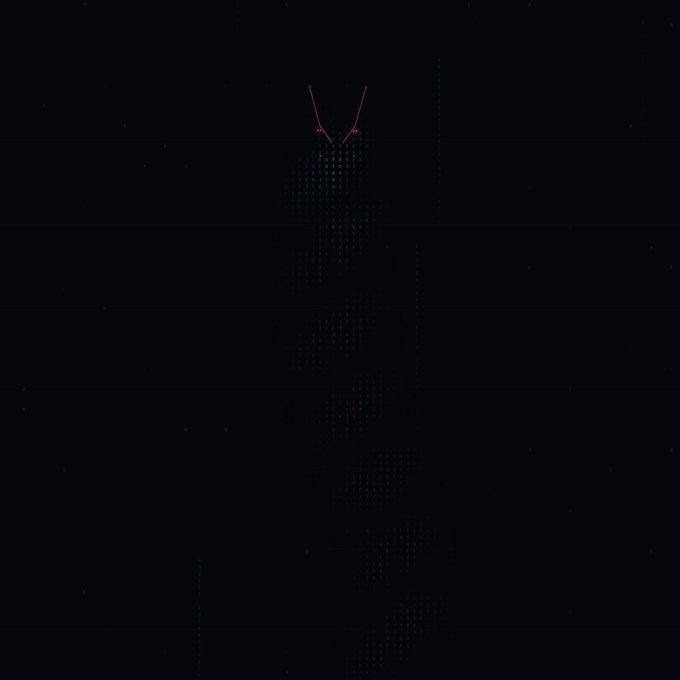 A dark, minimalist digital artwork features faint dotted patterns and thin pink lines forming a V-shape near the top, evoking the silhouette of a viper's head emerging from shadow. The sparse, glitch-like aesthetic complements the post's theme of a mysterious "VIPER" signal detection, suggesting the early, cryptic stages of a digital reconstruction or NFT reveal.