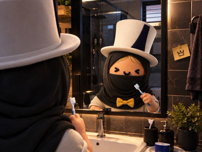 A person wearing a black hijab and a tall white and blue top hat with a yellow bow tie brushes their teeth in front of a bathroom mirror, with a cute kawaii-style face on the mirror's reflection.