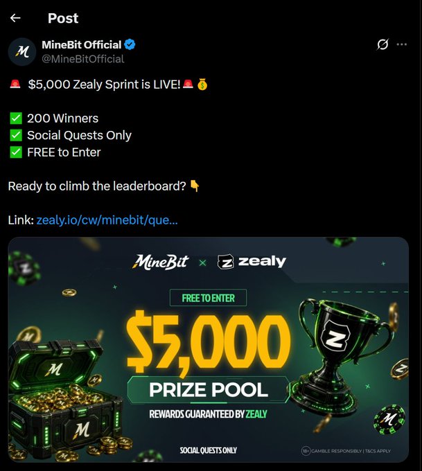 A Twitter post by MineBit Official (@MineBitOfficial) announces a $5,000 Zealy Sprint with 200 winners, free to enter, featuring promotional graphics for the prize pool and social quests.