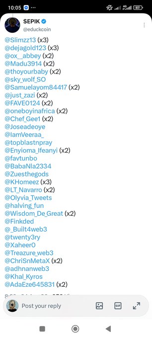 A screenshot of a social media post by 'SEPIK @duckcoin' lists numerous tagged usernames in a numbered format, ending with 'Post your reply' input field at the bottom.