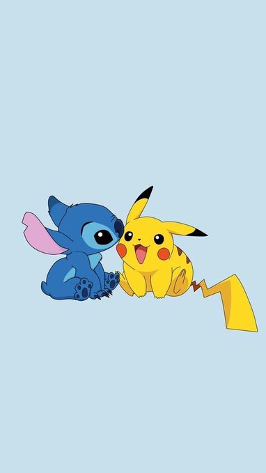 An illustration of the cartoon characters Stitch and Pikachu sitting together against a light blue background.