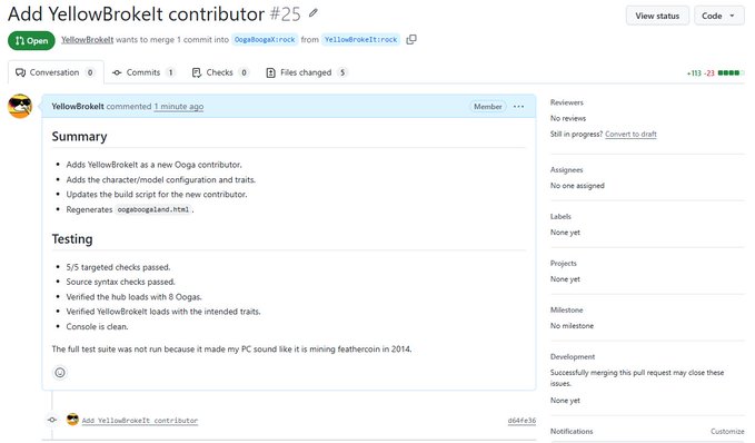 A GitHub pull request titled "Add YellowBrokelt contributor #25" by user YellowBrokelt, showing a merge from DogeHoggit:rock into YellowBrockelt:rock with a summary detailing a new Doga contributor with character configuration and traits, alongside a humorous note that the full test suite couldn't run because the PC sounds like "mining feathercoin in 2014"—mocking crypto hype cycles while the poster humorously challenges critics to match their coding contribution.