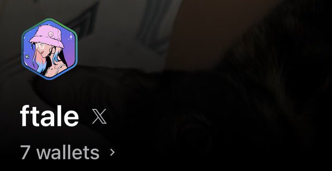 A user profile screen showing 'ftale' on X with an anime-style profile picture and '7 wallets' listed.