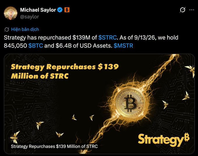 A tweet by Michael Saylor (@saylor) announcing that Strategy has repurchased $139M of $STRC, holding 845,050 $BTC and $6.4B in USD Assets as of 9/13/26, accompanied by a graphic featuring a glowing Bitcoin logo and the headline "Strategy Repurchases $139 Million of STRC" with the $MSTR ticker.