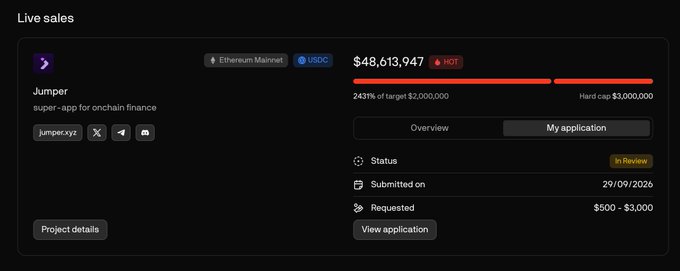 A 'Live sales' dashboard for 'Jumper', described as a 'super-app for onchain finance' on Ethereum Mainnet, showing $48,613,947 raised (2431% of $2,000,000 target with $3,000,000 hard cap), status 'In Review', submitted 29/09/2026, requesting $500-$3,000.