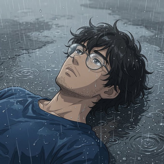 An anime-style man with glasses lies on wet pavement in the rain, his gaze drifting upward, conveying a reflective, contemplative mood. The image of someone quietly searching for meaning in the storm pairs with the post's theme of looking beyond hype to find genuine utility in blockchain projects like @quipnetwork.