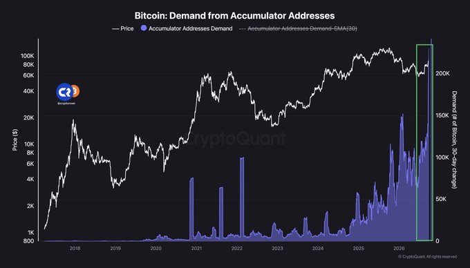 A CryptoQuant chart displaying 'Bitcoin: Demand from Accumulator Addresses' with white line graphs showing Bitcoin's price trajectory and purple bar graphs showing demand from 2018 to 2026.