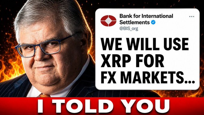 The image features a man wearing glasses, possibly an older gentleman with gray hair, who appears to be smiling at the camera. The background of the image shows a fire, which adds intensity to the scene. In front of the man's face is a sign that reads "We will use XRP for FX markets." This message seems to be part of a larger post or article about the crypto market and its potential impact on traditional financial institutions like Bank For International Settlements (BIS). The image also includes a Twitter handle, @BISorg, which further supports this connection.