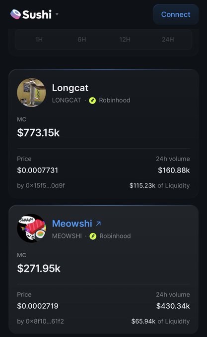 A SushiSwap (Sushi) exchange interface showing two tokens: 'Longcat' (LONGCAT) with market cap of $773.15k and price $0.0007731, and 'Meowshi' (MEOWSHI) with market cap of $271.95k and price $0.0002719, both marked with Robinhood verification badges.