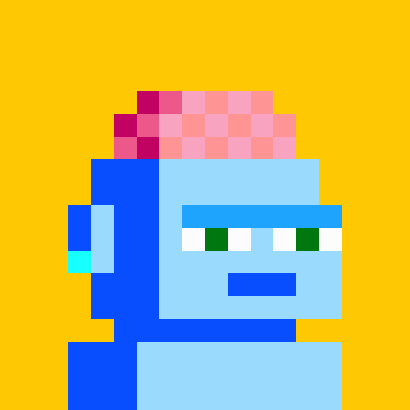 Pixel art character with blue skin, pink hair, and green eyes against a yellow background.