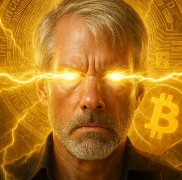 A serious-looking man with glowing golden eyes and crackling lightning energy around his face, set against a backdrop featuring a Bitcoin logo, visually embodies the intensity of Strategy's massive $142.7 million Bitcoin purchase that brought their total holdings to 847,666 BTC. The electrifying imagery reinforces the bullish post about corporate treasuries loading up on Bitcoin.