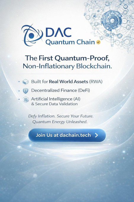This promotional graphic for "DAC Quantum Chain" features a futuristic blue-themed design with a network/sphere illustration, advertising it as "The First Quantum-Proof, Non-Inflationary Blockchain" that is built for Real World Assets (RWA), Decentralized Finance (DeFi), and AI & Secure Data Validation, with a call-to-action button linking to dachain.tech.

The image visually reinforces the post's message of "One Infrastructure, Four Frontiers of Web3" by showcasing DAC as a unified blockchain platform bridging real-world assets, DeFi, AI, and Web3 applications through its quantum-proof technology.