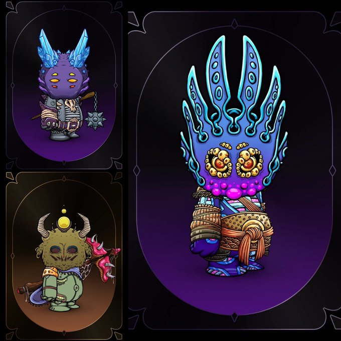 An artistic display of fantasy character designs featuring small, stylized figures with elaborate horned or crowned headpieces. The artwork shows a purple demon-like creature, a green horned warrior with a bat, and a larger detailed blue and purple figure with an ornate crown.