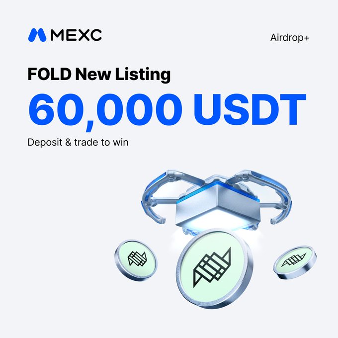A digital advertisement for MEXC Exchange announcing the new $FOLD token listing with an Airdrop+ campaign featuring a 60,000 USDT prize pool. The promotional graphic displays the MEXC logo, "FOLD New Listing," and "60,000 USDT" text alongside a 3D illustration of metallic FOLD-branded tokens.