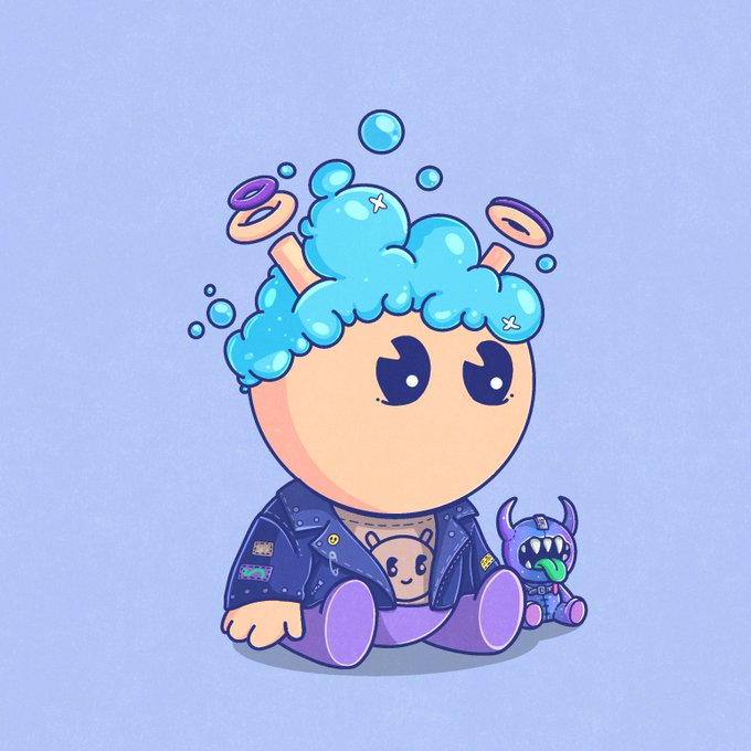 A digital illustration features a cute character with blue bubble-like hair, wearing a denim jacket, sitting beside a small purple monster toy against a light blue background.