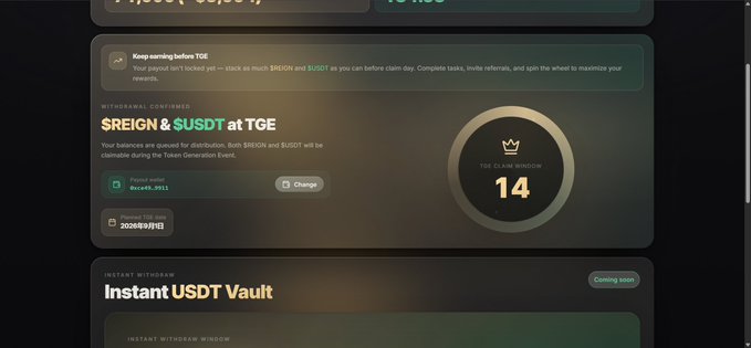 The image shows a crypto airdrop dashboard for the project "TCE" displaying a 14-day TGE claim window for $REIGN and $USDT tokens, with 100 million $REIGN available in a payout pool and standard 30-day (2026/09/01) and 90-day timers shown. The screenshot supports the post's claim about the September 1st token airdrop on the xreign.app portal, visualizing the countdown and reward amounts users can earn before the claim date.