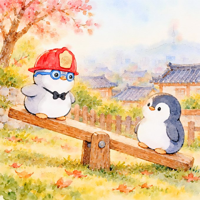 A watercolor painting shows two cartoon penguins on a wooden seesaw in a landscape with traditional Korean houses and cherry blossoms, one penguin wearing a red fireman's helmet and glasses.