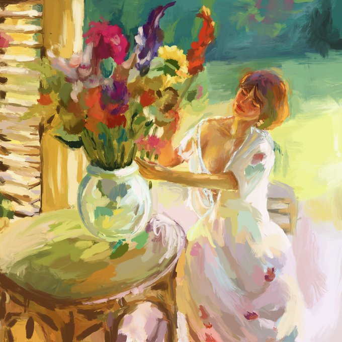 An impressionist-style oil painting of a blonde woman in a flowing white dress sitting at a table and tending to flowers in a clear glass vase, with bright sunlight streaming through a window.