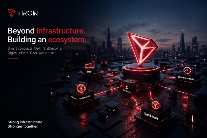 Promotional banner for Tron blockchain featuring a glowing red Tron logo over a dark cityscape, with text 'Beyond infrastructure. Building an ecosystem' and categories for DeFi, Smart Contracts, Stablecoins, Developers, and Digital Assets.