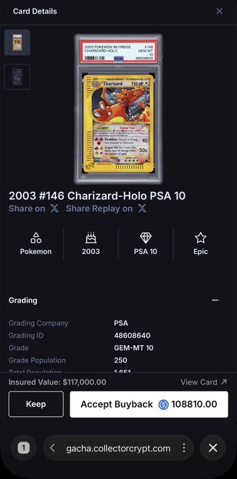 A "Card Details" screen showing a 2003 #146 Charizard-Holo PSA 10 graded card (Grading ID 48608640, Grade Population 250) with an Insured Value of $117,000 and an "Accept Buyback" offer of 108810.00. The image relates to the post by illustrating the buyback amount the user received, which they claim was short by $8,810 instead of the full $108,810 expected.