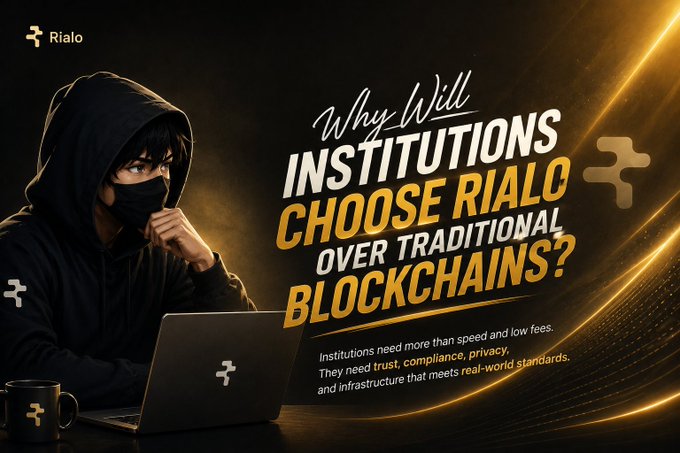 Promotional graphic for 'Rialo' asking 'Why Will INSTITUTIONS CHOOSE RIALO OVER TRADITIONAL BLOCKCHAINS?' featuring a hooded figure at a laptop, emphasizing trust, compliance, privacy, and infrastructure.