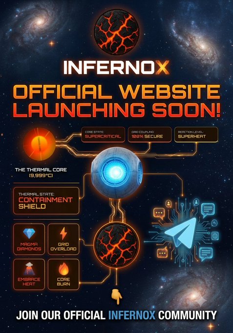 A promotional graphic for 'INFERNOX' announcing an official website launch soon, featuring space imagery, a thermal core diagram showing containment shield, magma diamonds, grid overload, embrace heat, and core burn metrics.