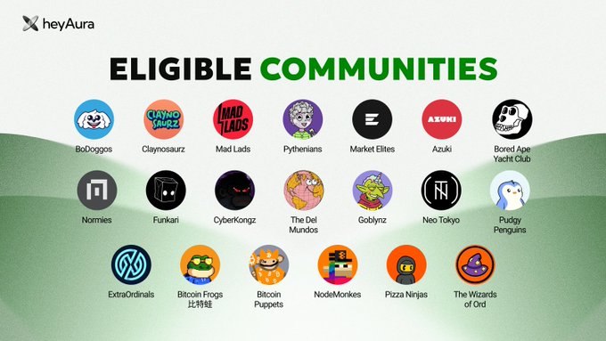 The image features a poster with various logos, including one for "heyura" and another for " eligibility communities". The poster also includes a list of different projects that can be claimed as community badges through an upcoming airdrop. The text on the poster encourages users to perform tasks and claim their community badge by following the instructions provided.