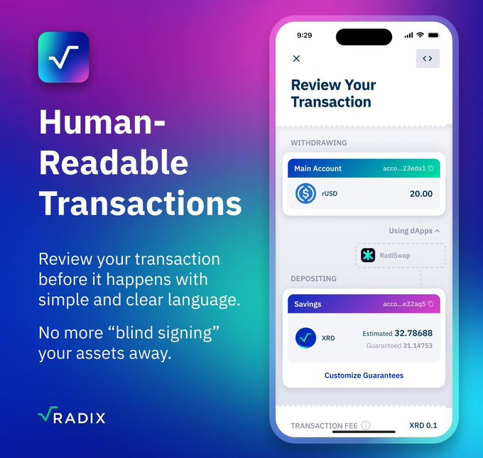 Promotional graphic for Radix cryptocurrency wallet titled 'Human-Readable Transactions,' showing a mobile app screen reviewing a transaction between Main Account and Savings with rUSD and XRD amounts.