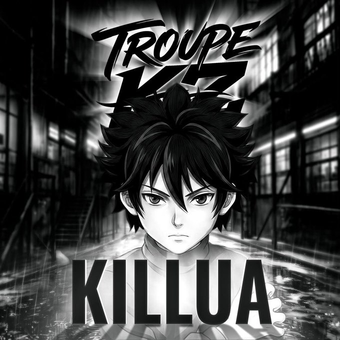 A black and white anime-style portrait of a spiky-haired young man with "TROUPE KZ" displayed above and "KILLUA" written in bold letters below, set against an industrial warehouse backdrop. The image serves as the avatar or branding for the trading group @TroupeKZ, which the poster credits with helping them achieve their seven-figure PNL.