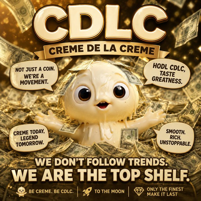 The image features a cream-colored toy, possibly a figurine or doll, surrounded by money. The text "CDLC" is written above the toy, while "Cream de la creme" is below it. There are several other phrases related to the CDLC brand and its products, such as "not just a coin", "we don't follow trends", and "we are the top shelf". These phrases emphasize the brand's focus on quality and innovation in their cream-related offerings.

The image also includes various text elements that provide information about the CDLC Cream de la creme line of products, such as "dexscreener.com/solana/5zvoekg ... only the finest". This suggests that the brand is known for its high-quality and luxurious cream products, which are often associated with elegance and sophistication.

Overall, the image effectively conveys the message that CDLC Cream de la creme offers a top shelf selection of premium cream products, emphasizing their commitment to quality and innovation in the industry.