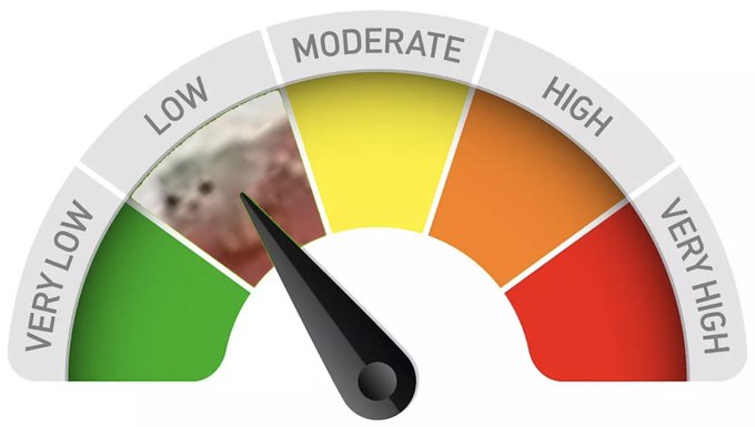 A gauge or meter with categories ranging from 'VERY LOW' to 'VERY HIGH', with the needle pointing between the 'LOW' and 'MODERATE' sections.