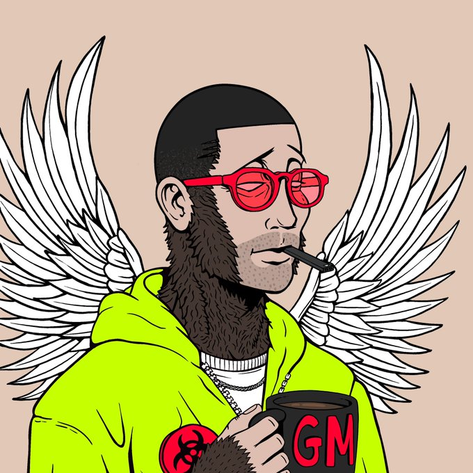 A cartoon-style illustration shows a bearded man wearing red sunglasses and a neon green hoodie, holding a mug labeled "GM" with large white angel wings behind him, visually reinforcing the cheerful "Good Morning" greeting from the post.