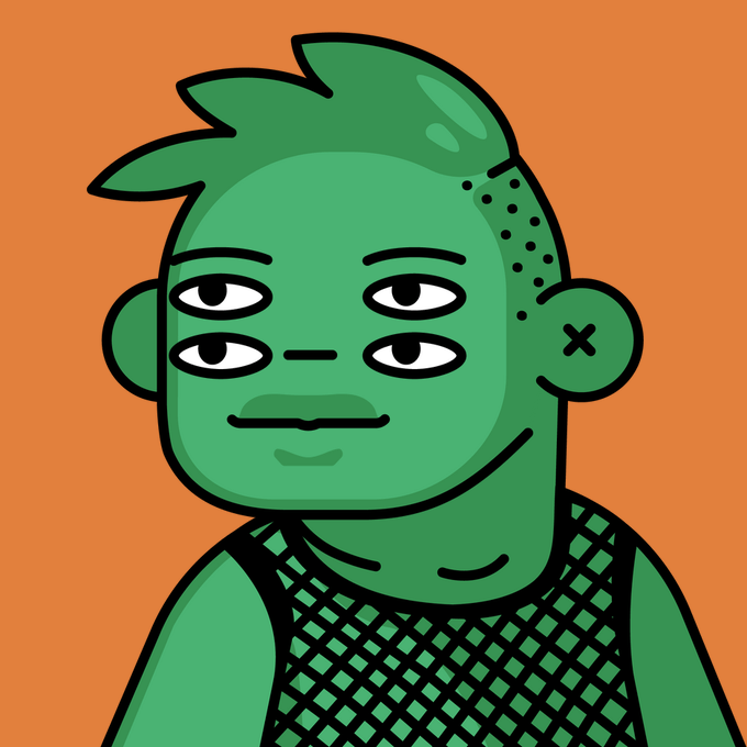 A digital illustration of a green-skinned character with four eyes, a small smile, spiky hair, and an X for one ear, wearing a fishnet tank top against an orange background.