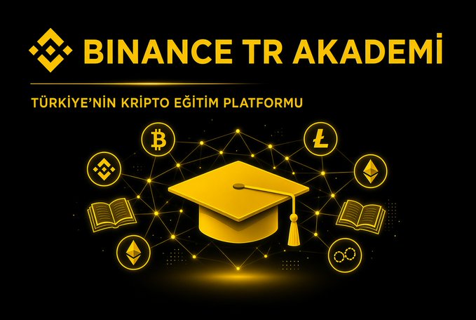 A promotional graphic for "BINANCE TR AKADEMİ" (Türkiye'nin Kripto Eğitim Platformu / Turkey's Crypto Education Platform) featuring a graduation cap surrounded by cryptocurrency logos including Bitcoin (₿), Litecoin (Ł), and Ethereum (Ξ) connected by a network pattern against a black background. The educational imagery reinforces the post's message about prioritizing knowledge and education as essential foundations for success in crypto investing.