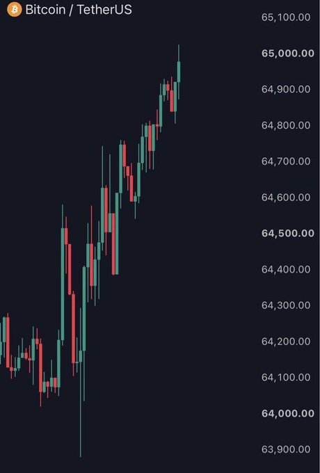 A candlestick chart showing Bitcoin/TetherUS prices ranging from approximately 63,900 to 65,100.