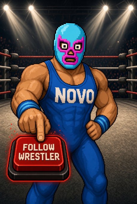 A pixel-art style illustration of a muscular wrestler wearing a blue and pink mask and a blue singlet reading 'NOVO', pressing a red 'FOLLOW WRESTLER' button in a boxing ring.