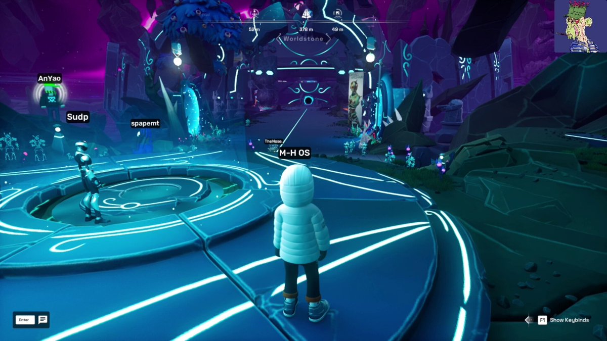 The image shows a person wearing a white jacket standing in front of a blue track, holding a skateboard with both hands. The background features a purple sky filled with floating islands and a temple-like structure. A banner above the scene displays the text "Day 58 on @OthersideMeta Used @Dojo_Kidz avatar For Daily Tasks Performed 3 emotes Joined a private Bubble Captured the Nexus Temple with the Koda Cam Cleaned up the sludge in the Swamp Reached". The person appears to be enjoying their time at this virtual location, possibly taking part in an event or activity.