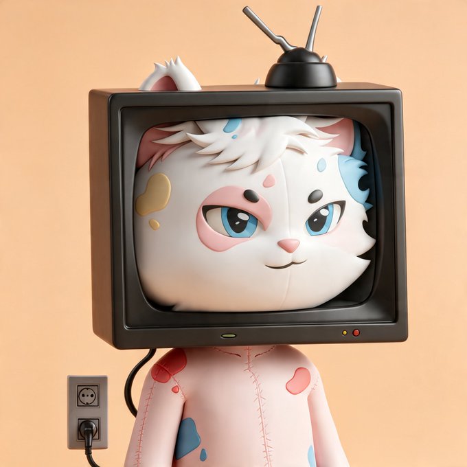 A 3D-rendered illustration of a white, fluffy cat-like character with colorful paint patches, its head encased in a vintage CRT television with antennas, plugged into a wall outlet against a beige background.