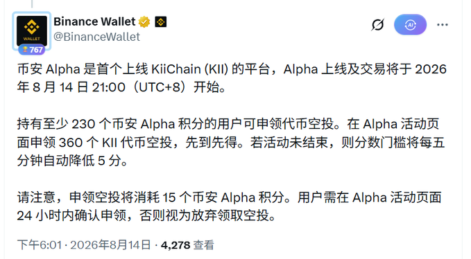 A tweet from Binance Wallet (@BinanceWallet) announcing that Binance Alpha is the first platform to launch on KiiChain (KII), with token claim starting August 14, 2026 at 21:00 (UTC+8).