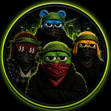 Four cartoonish Teenage Mutant Ninja Turtles characters with serious, intimidating expressions wear bandanas covering their lower faces, set against a dark cityscape background framed by a glowing green circular border. The image's edgy, masculine turtle gang aesthetic contrasts humorously with the post's "$BOYZ needs $GIRLZ" message, playfully suggesting the tough-looking crew could use some female counterparts.