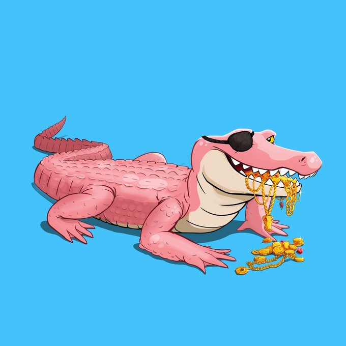 A pink cartoon alligator with an eye patch clutches gold chains and coins in its mouth against a blue background, illustrating the rare "TokenGators" collectible NFT mentioned in the caption.